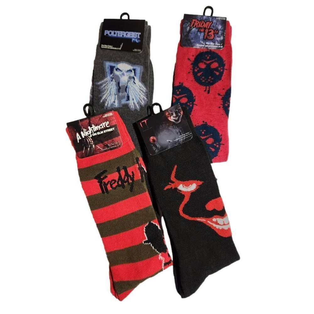 Scary Spooky Movie Set of 4 Crew‎ Socks Size 6-12 IT Freddie Krueger Jason NWT